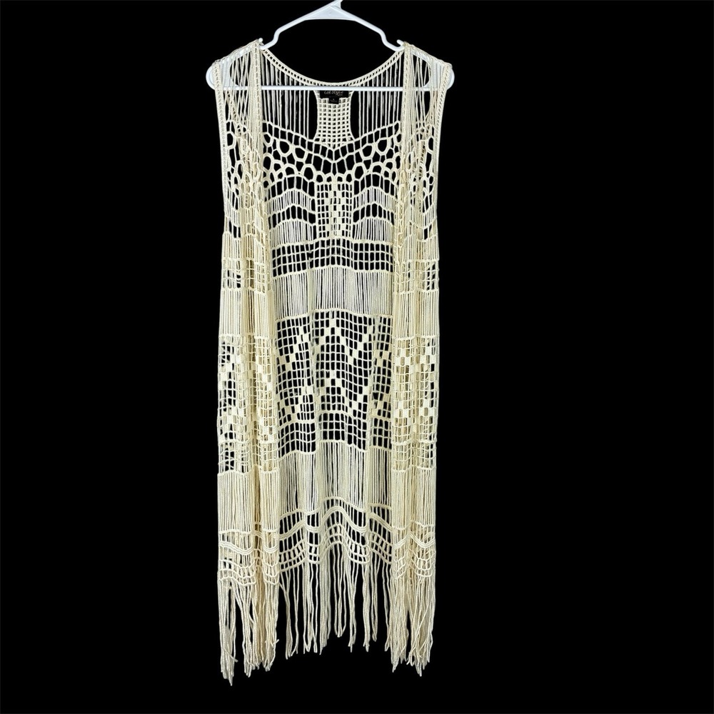 Womens Crochet Fringe Duster Vest Sz L Cowgirl Boho Western Hippie Festival